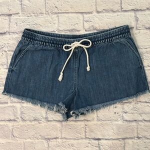 Aerie Tie Front Elastic Waist Blue Denim Raw Hem Jean Shorts Size Large